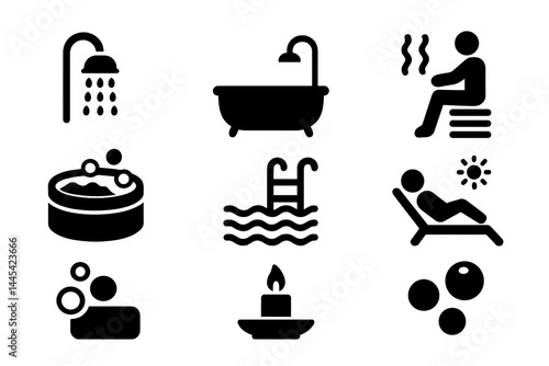 Wellness and relaxation activities vector icons depicting shower, bath, hot tub, swimming pool, and candlelight moments