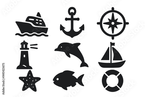 Vector icons illustrating various nautical themes including boats, sea creatures, and navigational symbols