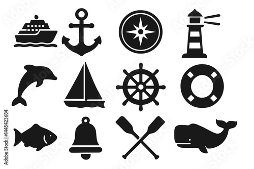 Collection of nautical vector icons featuring ships, sea creatures, and maritime symbols for graphic design projects