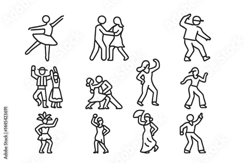 Diverse dance activities represented by vector icons showcasing various styles and movements in a lively setting