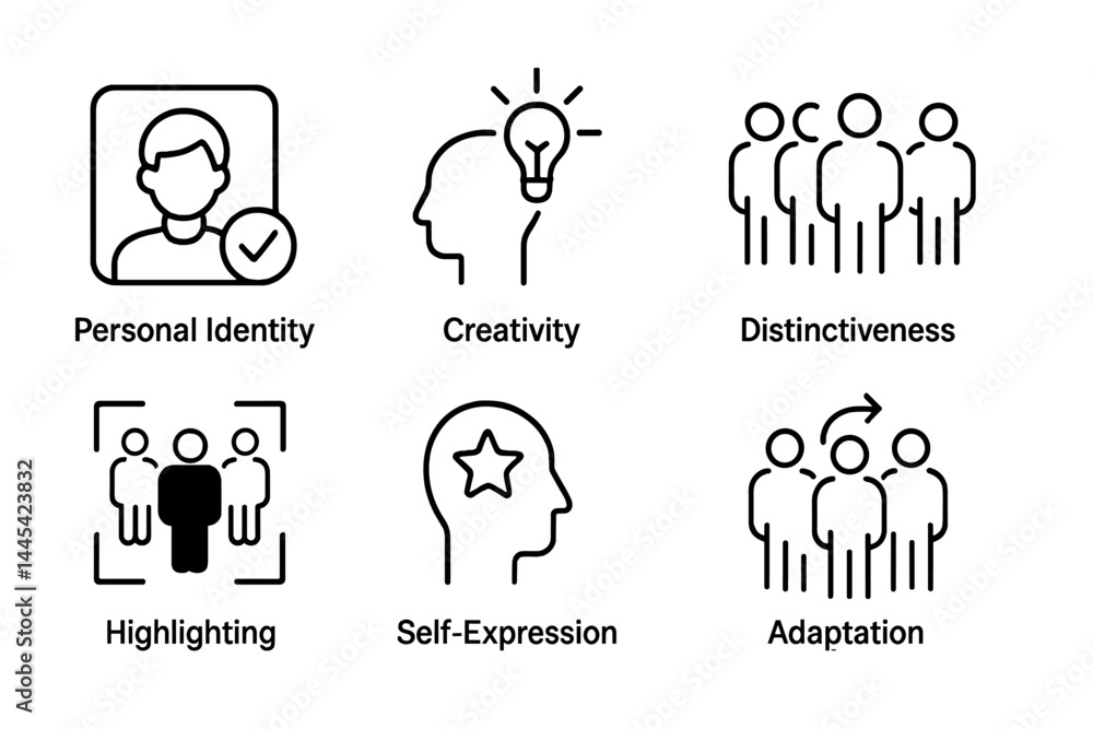 Explore personal identity, creativity, and self-expression through various vector icons representing key concepts