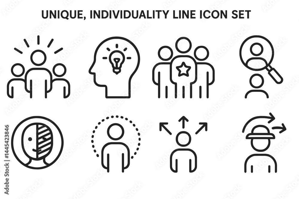 Unique line icons depicting individuality, teamwork, and creativity concepts in modern design style for diverse applications Unique line icons depicting individuality, teamwork, and creativity concepts in modern design style for diverse applications