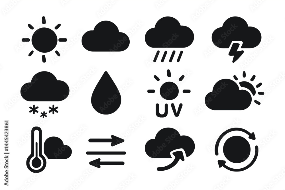 Weather vector icons depicting various meteorological conditions including sun, rain, snow, and clouds for design projects Weather vector icons depicting various meteorological conditions including sun, rain, snow, and clouds for design projects
