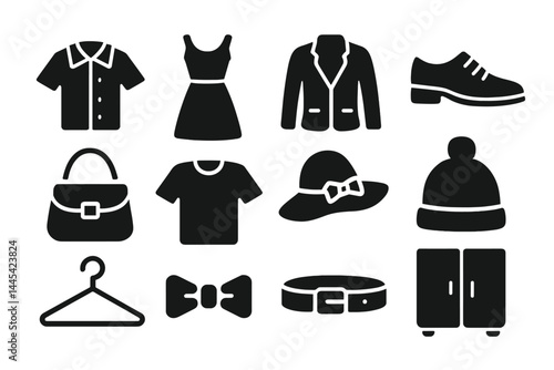 Collection of fashion vector icons representing clothing items, accessories, and footwear for style enthusiasts