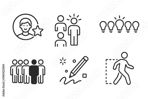 Vector icon set illustrating concepts of collaboration, creativity, and individual recognition among people in various activities and ideas