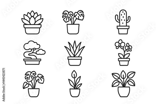 Decorative collection of vector icons depicting various plants in pots suitable for gardening and design purposes