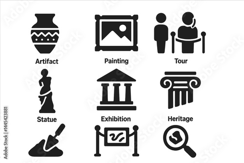 Vector icon set depicting cultural artifacts and exhibitions related to heritage and art in a museum tour context