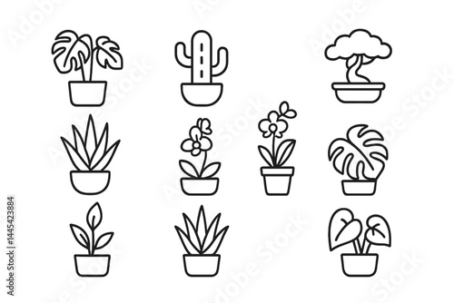 Vector icon set featuring various plant designs in pots suitable for digital art and graphic projects