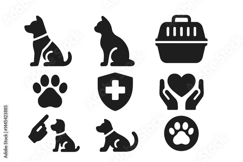 Pet care icons representing dogs, cats, and veterinary services in a clean vector design