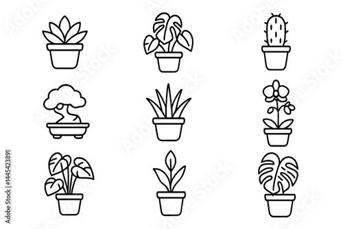 Collection of vector icons featuring various houseplants in simple pot designs