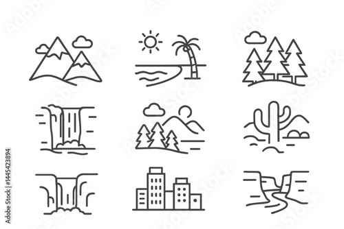 Vector icon collection of nature and urban landscapes with mountains, waterfalls, trees, and cityscapes