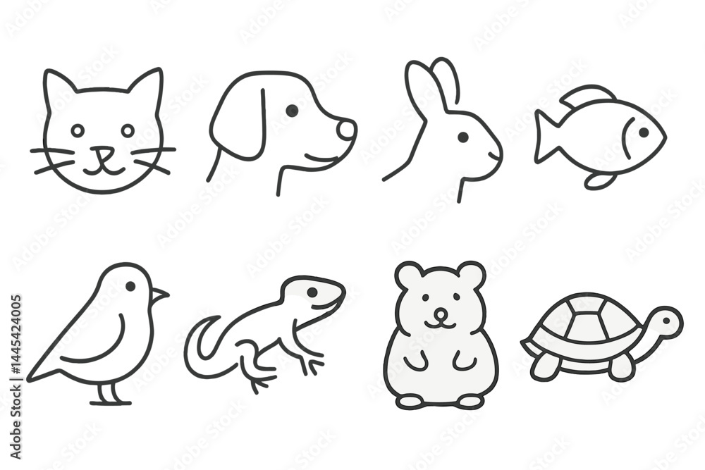 Vector icons representing various pets and animals in a simple outline design showcasing a cat, dog, rabbit, fish, bird, lizard, bear, and turtle Vector icons representing various pets and animals in a simple outline design showcasing a cat, dog, rabbit, fish, bird, lizard, bear, and turtle