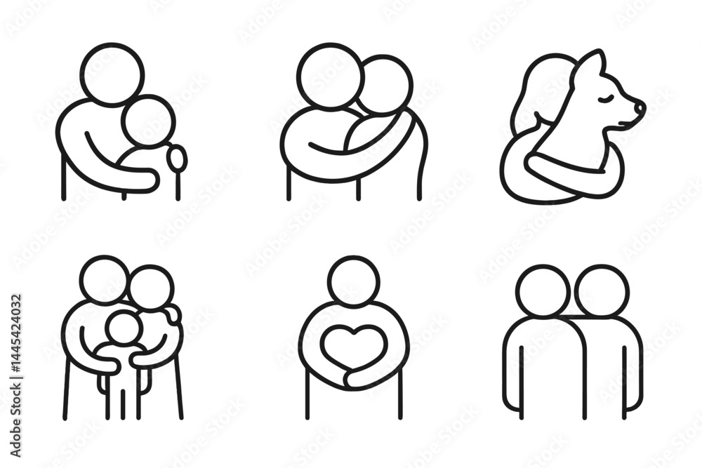 Vector icons illustrating various forms of affection and connection between people and animals in simple line art style Vector icons illustrating various forms of affection and connection between people and animals in simple line art style