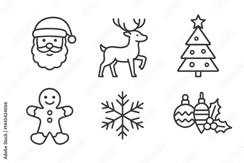 Vector icons representing Christmas elements including Santa, reindeer, tree, gingerbread, snowflake, and ornaments Vector icons representing Christmas elements including Santa, reindeer, tree, gingerbread, snowflake, and ornaments