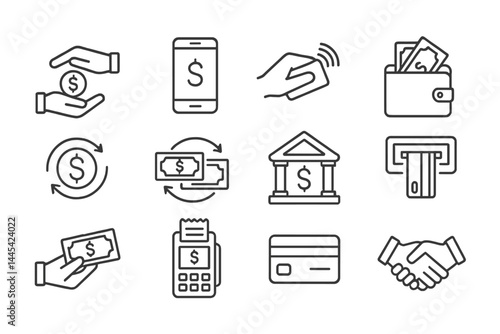 Collection of vector icons representing various payment methods and financial transactions in a modern digital economy