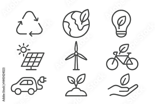 Vector icon set showcasing concepts of sustainability and renewable energy in a simple and modern design