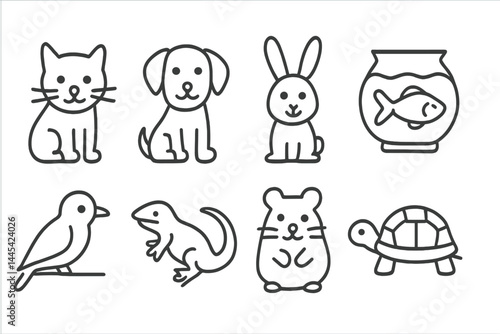 Vector icon collection featuring various simplified pet illustrations including cat, dog, rabbit, and fish