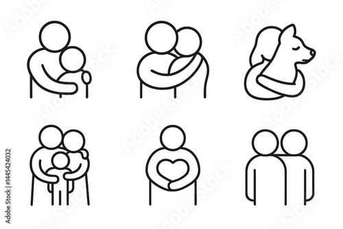 Vector icons illustrating various forms of affection and connection between people and animals in simple line art style