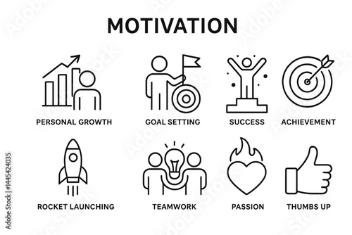 Vector icons showcasing various aspects of motivation, including personal growth, goal setting, success, and teamwork