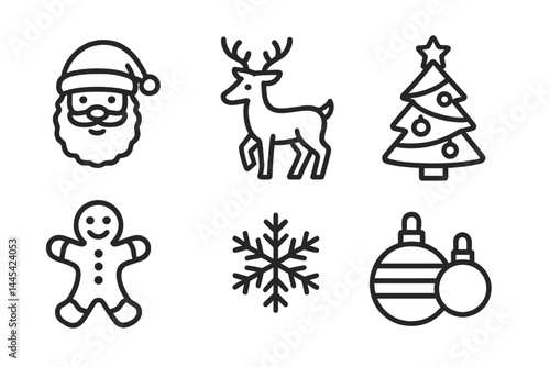 Vector icons representing Christmas symbols including Santa Claus, a reindeer, a Christmas tree, a gingerbread man, a snowflake, and ornaments