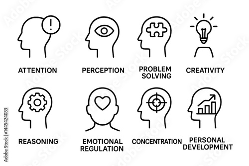 Vector icon collection displaying cognitive skills including attention, perception, problem solving, and creativity for educational use