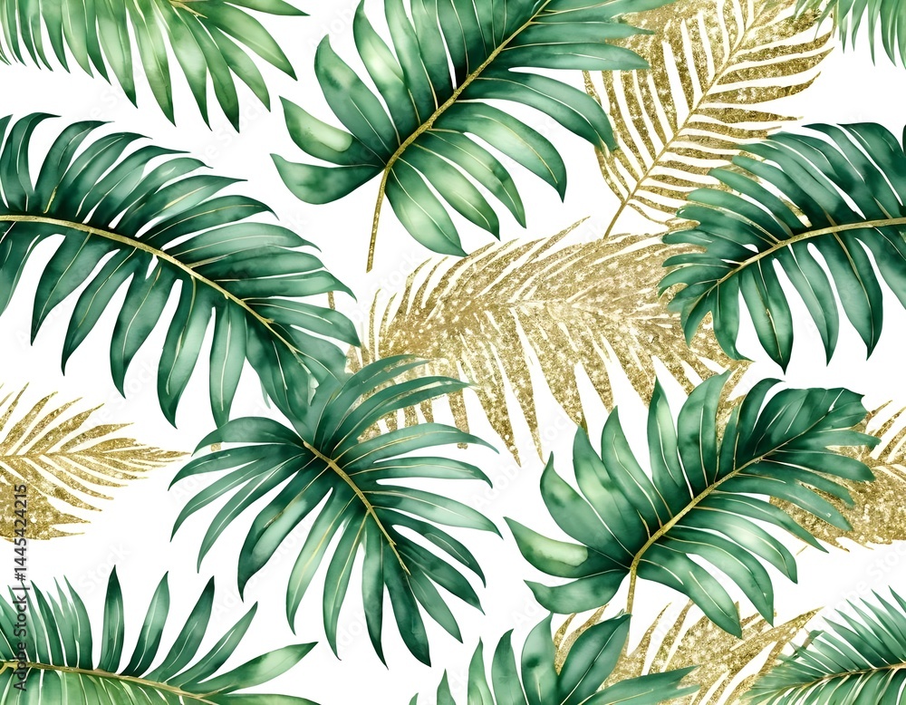 Naklejka premium Tropical Green and Gold Palm Leaves Seamless Pattern