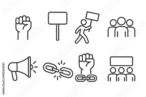 Vector icons representing activism, protest themes, and social movements illustrating unity and communication strategies