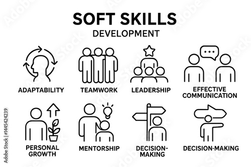 Focus on development of soft skills with vector icons illustrating various key attributes for personal and professional growth