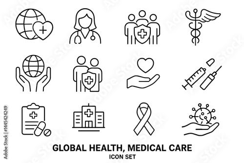 Vector icons representing global health and medical care topics including care providers, patients, and health symbols