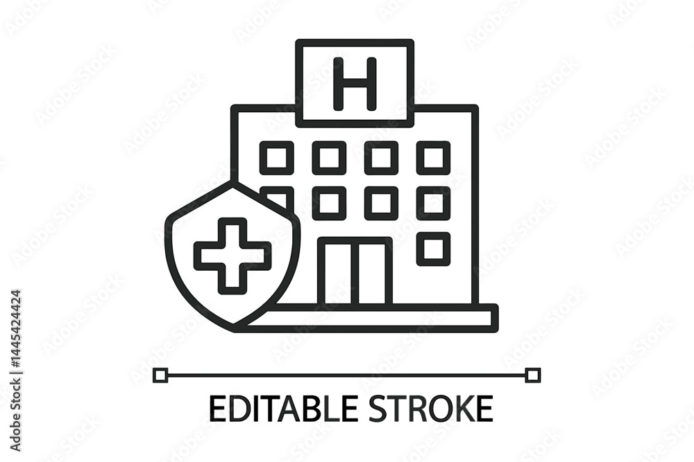 Hospital building icon with shield symbolizing healthcare and security in a simplified vector design Hospital building icon with shield symbolizing healthcare and security in a simplified vector design