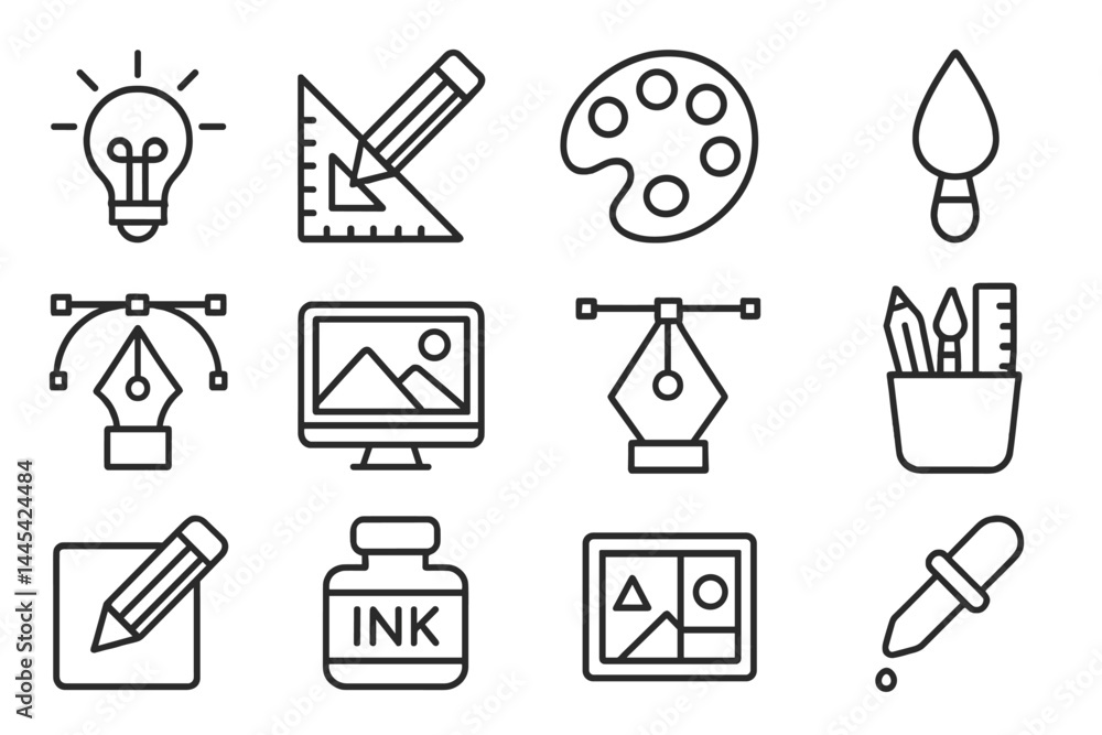 custom made wallpaper toronto digitalCreative design vector icons showcasing tools for art and illustration including lightbulb, palette, and pencil, perfect for graphic projects