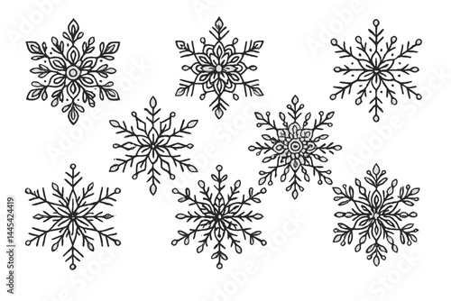 Vector icons of decorative snowflakes featuring intricate designs suitable for winter-themed projects and seasonal decorations