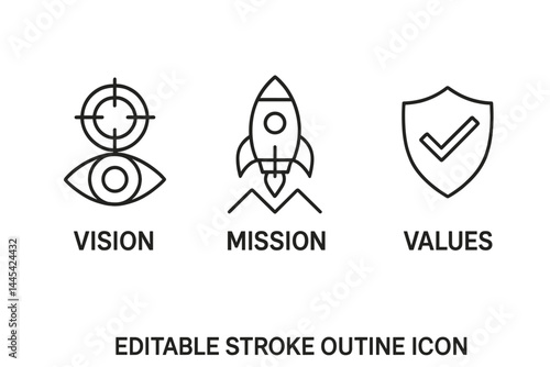 Vector icon set illustrating vision, mission, and values for business branding and strategic planning