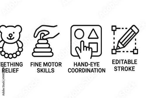 Vector icon set showcasing developmental skills for children, including teething relief and fine motor activities