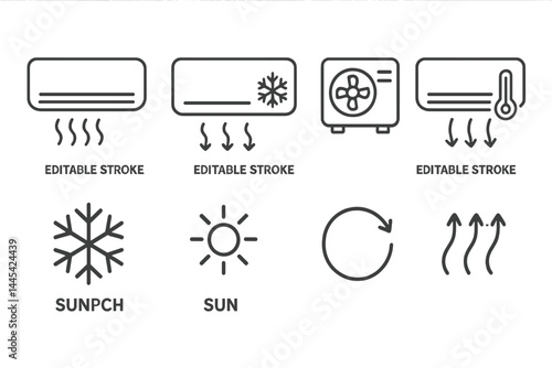Vector icons depicting air conditioner functions with clear symbols for cooling, heating, and airflow adjustments