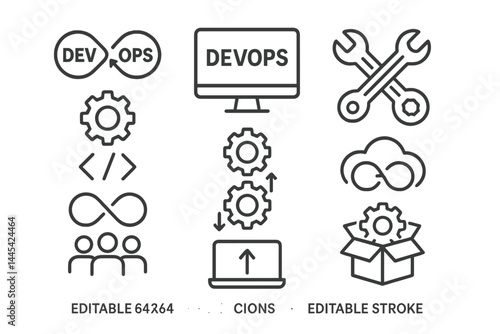 Vector icon collection showcasing DevOps concepts including tools, coding, teamwork, and cloud computing for agile development