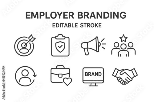 Vector icons representing employer branding concepts for recruitment and company identity