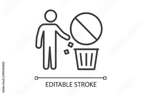 Vector icon depicting a person discarding items into a trash can with a no symbol representing waste management practices