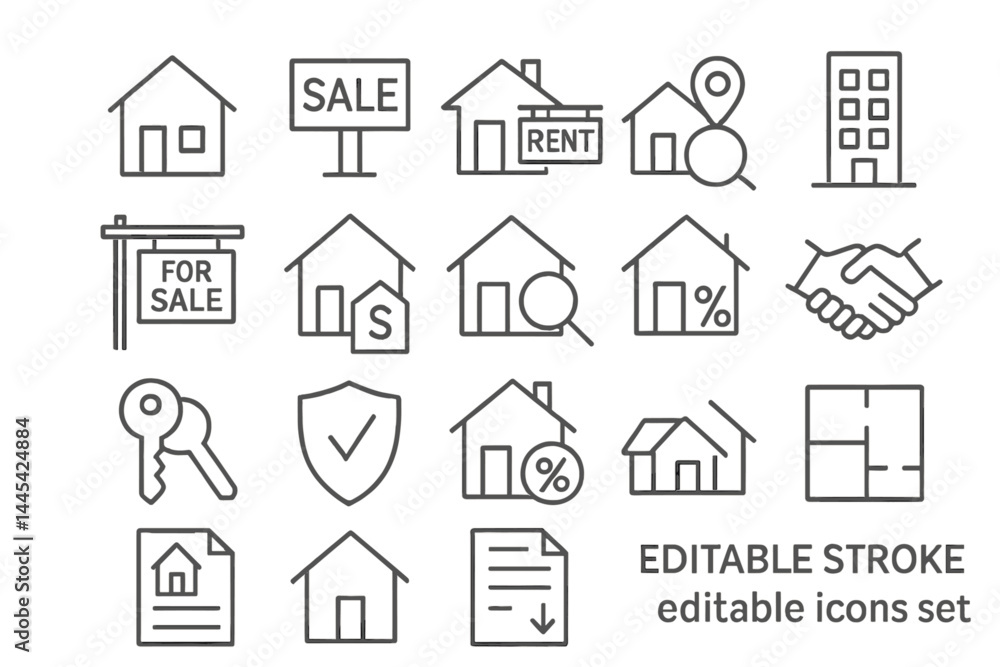Vector icon set featuring real estate symbols for sale, rent, and property transactions in a modern design Vector icon set featuring real estate symbols for sale, rent, and property transactions in a modern design