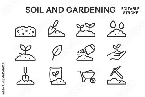Vector icons demonstrating various aspects of soil and gardening activities including planting, watering, and cultivating plants