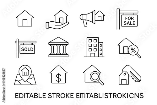 Vector icons representing real estate concepts including houses, sales, and financial transactions