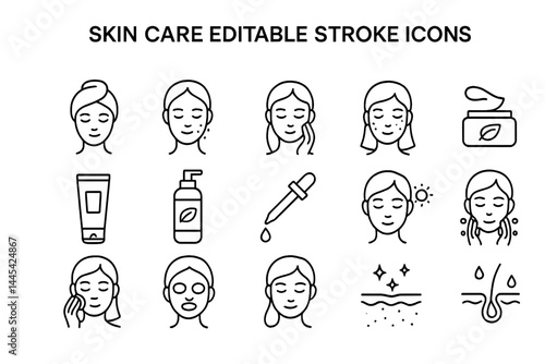 Skin care vector icons featuring diverse beauty products and facial treatments for personal grooming and wellness