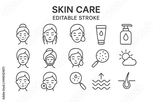 Vector icons representing various skin care activities and products for personal grooming and beauty routines in a minimalistic style