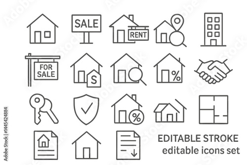 Vector icon set featuring real estate symbols for sale, rent, and property transactions in a modern design