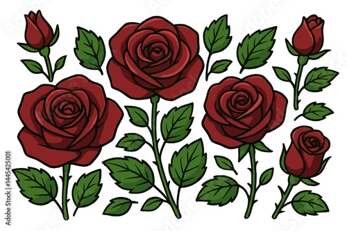 Unique vector icon of red roses with green leaves in various sizes and orientations suitable for floral designs and illustrations