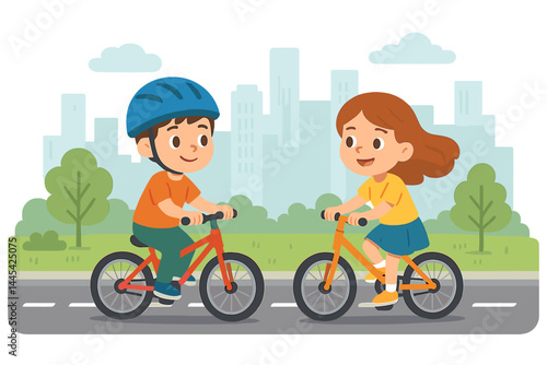 Kids riding bicycles in a city park on a sunny day enjoying outdoor activity in a playful atmosphere