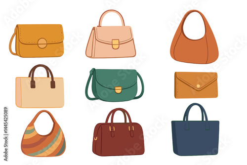 Stylish collection of vector icons featuring various handbag designs in diverse colors and shapes