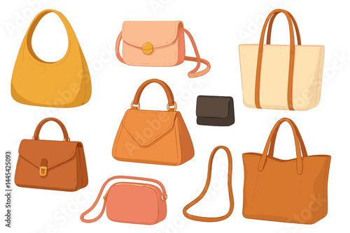 Collection of stylish vector handbag designs featuring various shapes and colors perfect for fashion enthusiasts