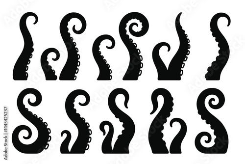 Various vector designs of black octopus tentacles with different shapes and sizes suitable for illustrations or patterns