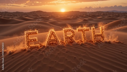 The word earth in sparkling gold letters on a desert landscape at sunset with sand dunes visible